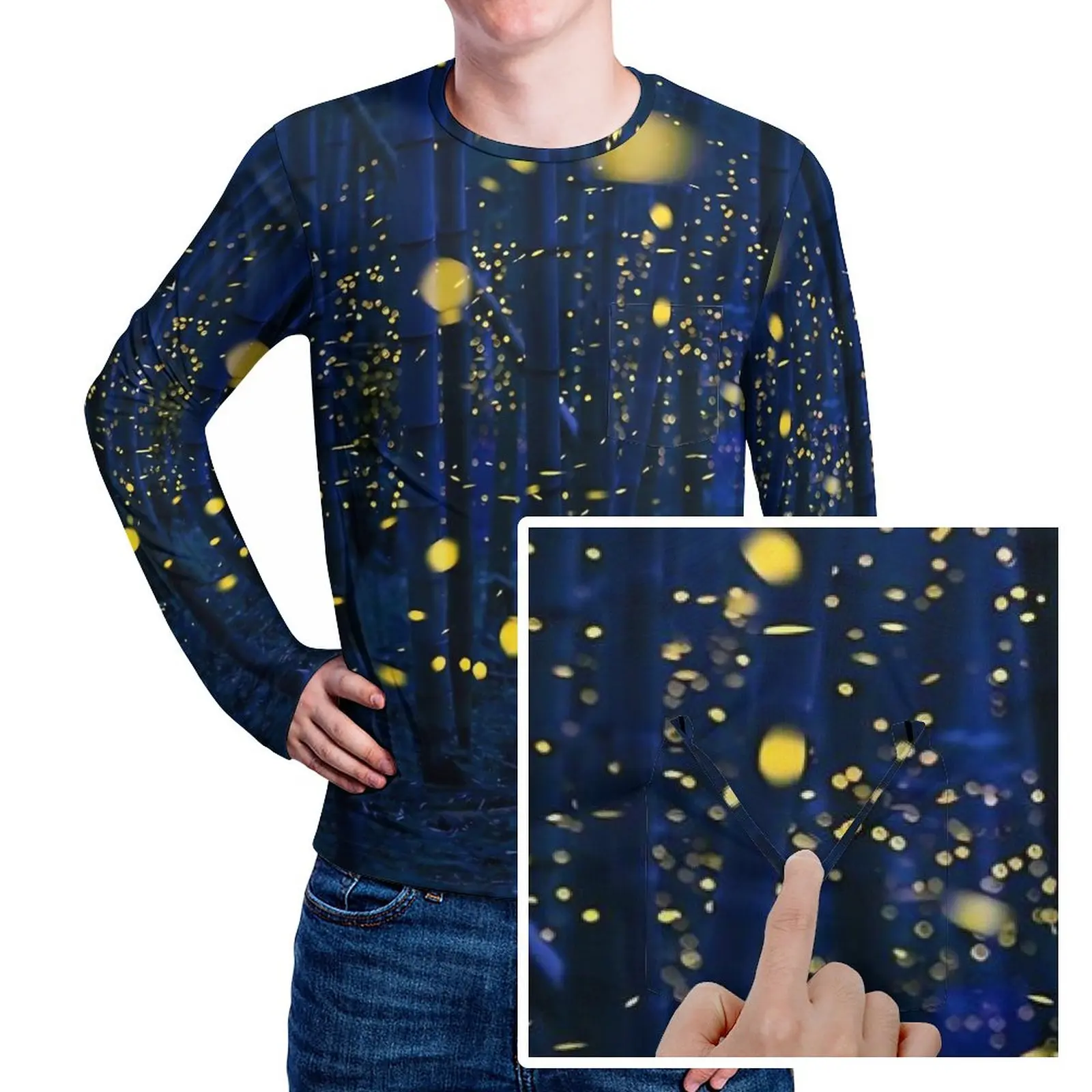 

Forest Print T-Shirt With Pocket Fireflies Popular T-Shirts Man Streetwear Tshirt Long Sleeve Design Top Tees Big Size