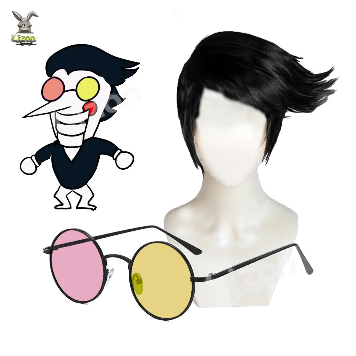 Фото Spamton очки в стиле Стиле косплей Spamton Wig розово-желтые круглые очки №1