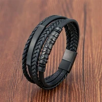 fashion new style stainless steel mens leather bracelet hand woven multi layer combination bracelet bangles jewelry wholesale