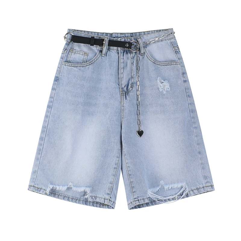 

American Streetwear Hole Denim Shorts 2022 Summer Women Men High Waisted Loose Hip Hop Harajuku Ripped Jeans Half Jeans A40