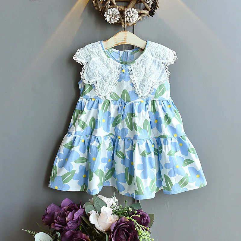 

Baby Kids Clothes for Girls Summer Princess Dress Fashion Lace Collar Flower Printed Birthday Party Tutu Dress Children Outfits