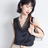 womens chic summer lace v neck sleeveless blouse elegant office wear basic tank top lady solid color v neck blouse