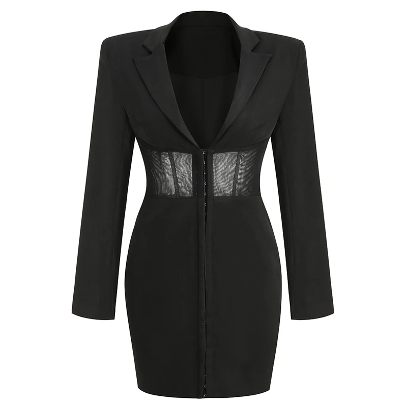 Elegant Mesh Long Sleeve Black Ropa Para Mujer Blazer Dress Office Outfits Women Vestidos De Fiesta Evening Party New In Dresses