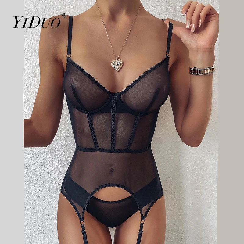 

YiDuo 2022 Women See Through 2 Piece Sexy Black Mesh Bodysuit Corset Body Panty Catsuit боди женское Club Bodycon Top Body Suits