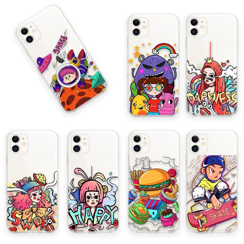 

Comic Pop Style Graffiti Clear Coques Fundas Case for iPhone Apple 13 12 11 SE 2022 X XR XS 8 7 14 Pro Mini Max Plus Case Capa