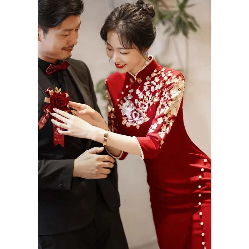 Свадебное платье-Ципао бордового цвета обручальное платье Новая китайская