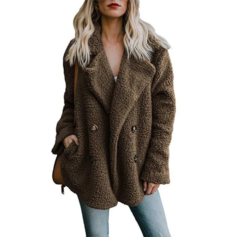 2023 Autumn and Winter Fashion Women Jacket  New Plush Buttons Lapel Pocket Double Breasted Sweater Lapel Loose Fur Coat Women