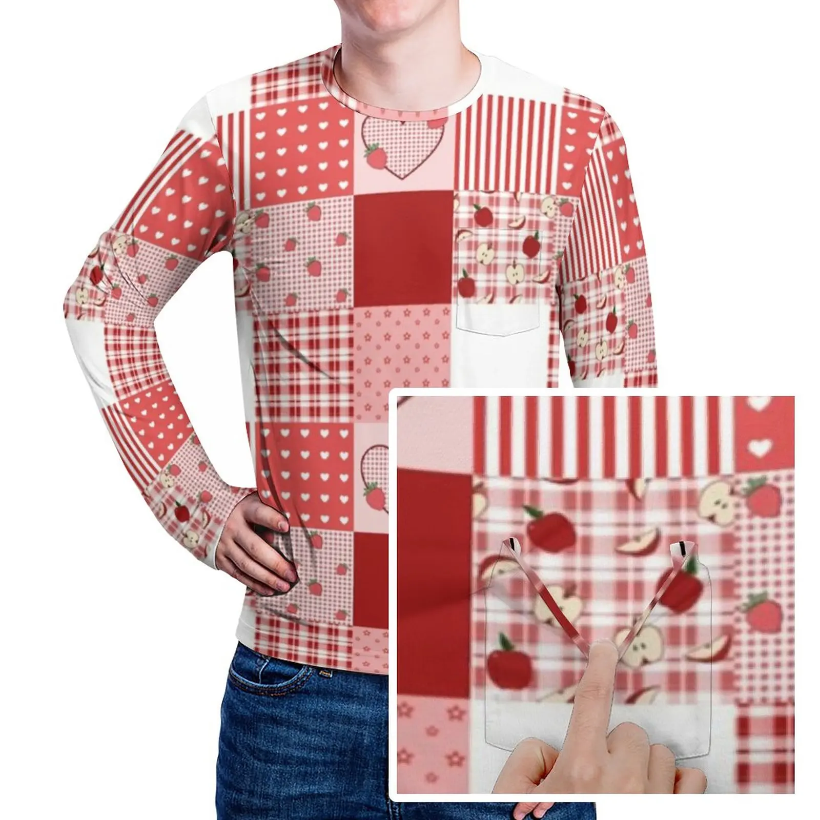 

Красно-белая футболка в стиле пэчворк с карманом, трендовая футболка с сердцем на День святого Валентина, уличная футболка, дизайнерские Топы с длинным рукавом, футболки