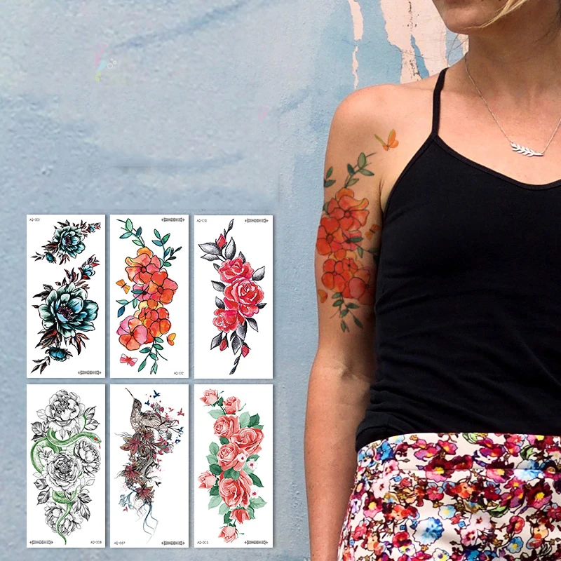 

18 Different Styles Fashion Floral Arm Tattoo Stickers Waterproof Temporary Sketch Flower Simple Flower Sternum Tattoo Stick