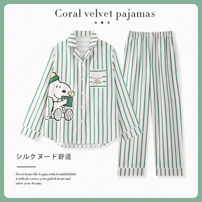 

2023 Snoopy Striped Thin Suit Pajamas Lady Spring Cotton Long-Sleeved Student Cute Home Clothes Cartoon Kawaii Anime Plush Gift