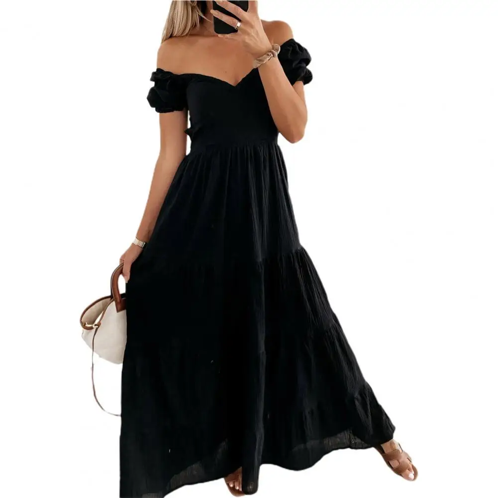 

2022 Sexy Off Shoulder Women Dress Solid Color Ruffles Summer Beach Lace-up Maxi Dress Streetwear Elegant Boho Party Vestidos