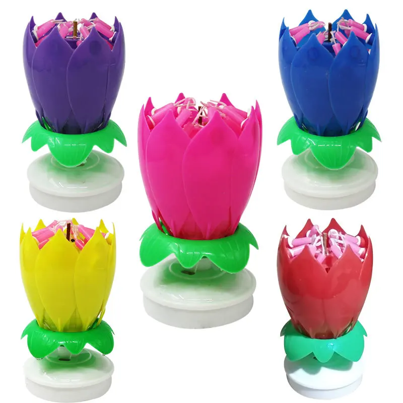 

Innovative Party Cake Candle Musical Rotating Lotus Flower Candle Light Happy Birthday DIY Cake Decoration Wedding Party Gifts