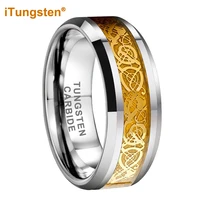 itungsten 8mm gold carbon fiber inlay dragon ring for men women tungsten wedding band fashion jewelry beveled edges comfort fit