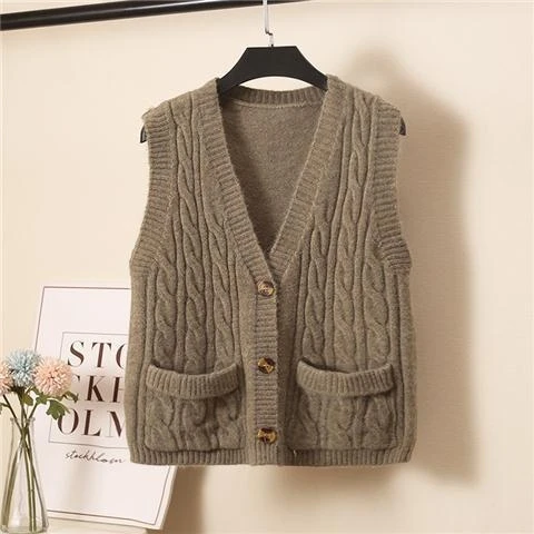 

Трикотажный жилет цвета хаки без рукавов с V-образным вырезом и карманами