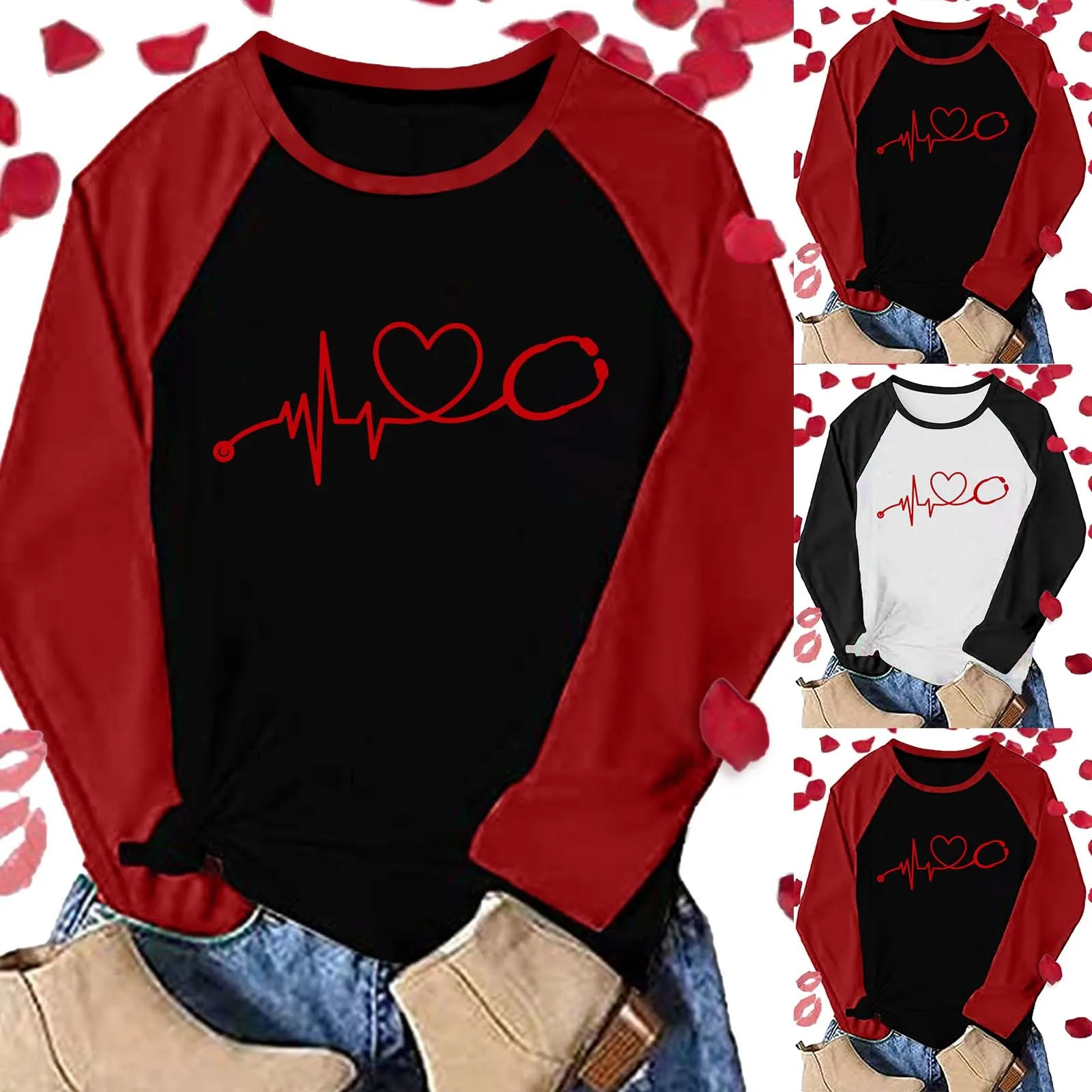 

Женские Модные свободные рубашки с круглым вырезом и длинными рукавами реглан с принтом на День святого Валентина