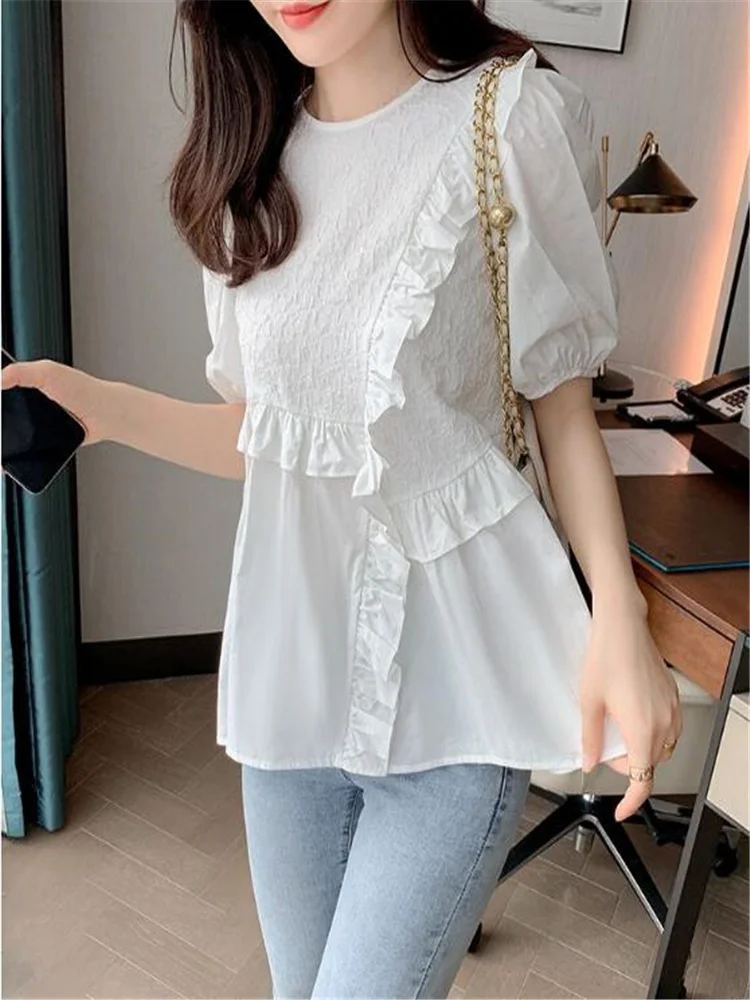 

White Short-sleeve Pullover Ladies Blouses Thin Chiffon Top Summer Woman Clothes Bubble Sleeve O-neck Ruffle Loose Femme Shirt