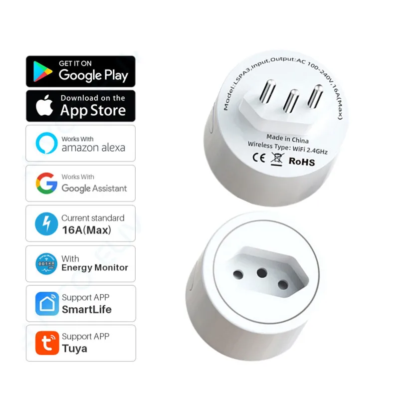 

WiFi Smart Plug 16A Brazil Socket Tuya Smart Life APP Works With Alexa Google Home Assistant Voice Control Power Monitor Timing