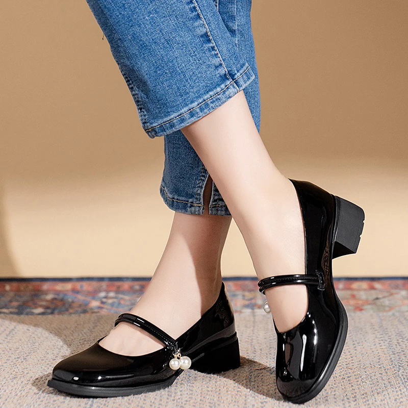 

Женские универсальные туфли на высоком каблуке, повседневные туфли на толстом каблуке с квадратным носком и жемчужинами, в стиле ретро, весна-осень 2023