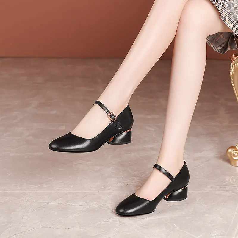 

New Genuine Leather Low Heels Shoes Women's Spring Summer Pumps One-word Buckle Belt High Heel Thick Heel Shallow Women's Shoes