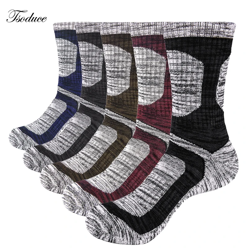 

5 Pairs Hiking Socks Moisture Wicking Thickened Cushion Terry Bottom Breathable Cotton Outdoor Sports Mountaineering Crew Socks