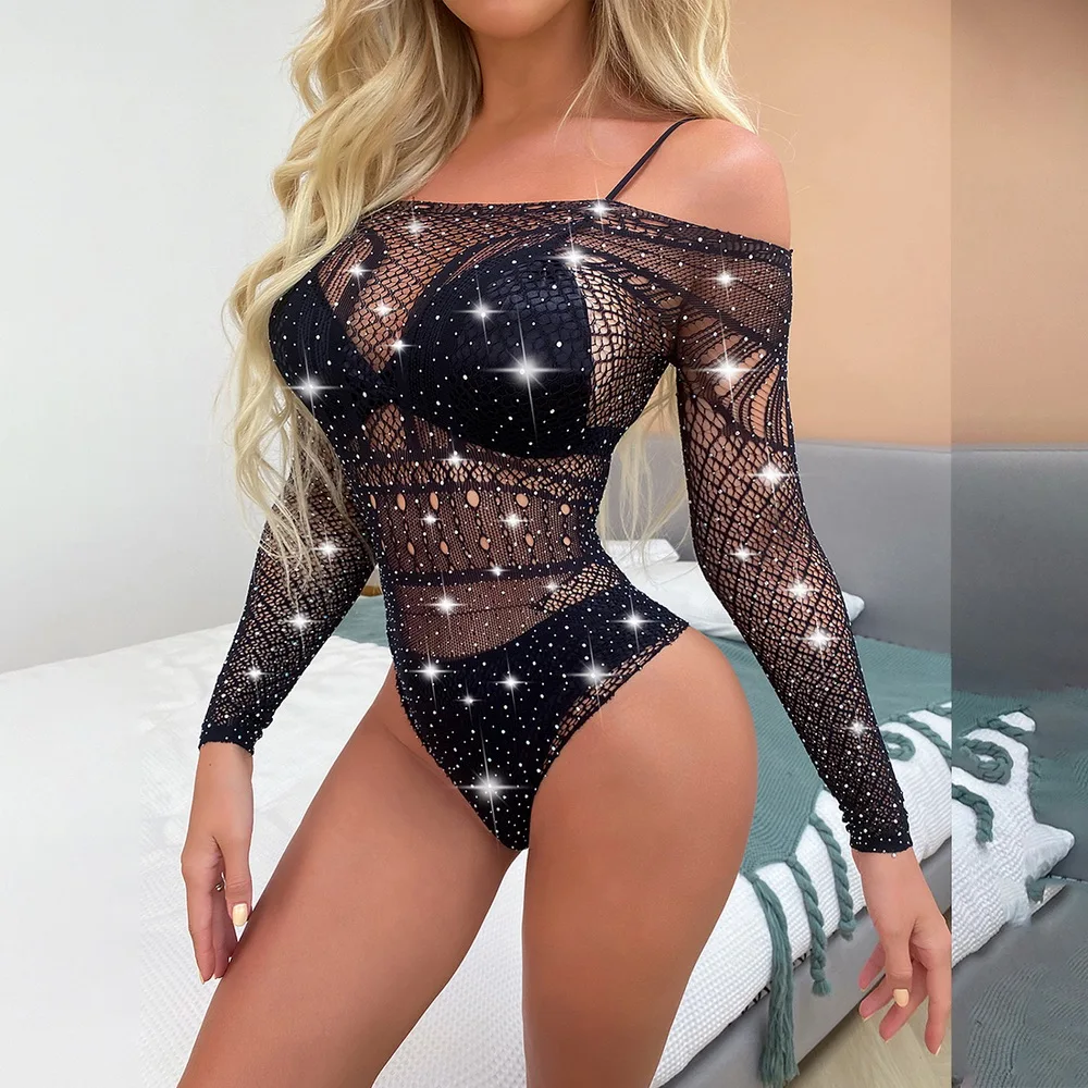 

Женское сексуальное нижнее белье, боди, топ, Женская сетчатая прозрачная стразы, Декор, с длинным рукавом, женская одежда для ночных клубов