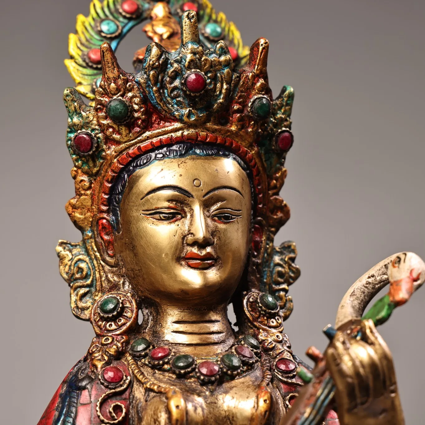 14&quotTibetan Temple Collection Old Bronze Outline in gold Mosaic Gem Four armed Sarasvati Sitting Buddha Worship Hall