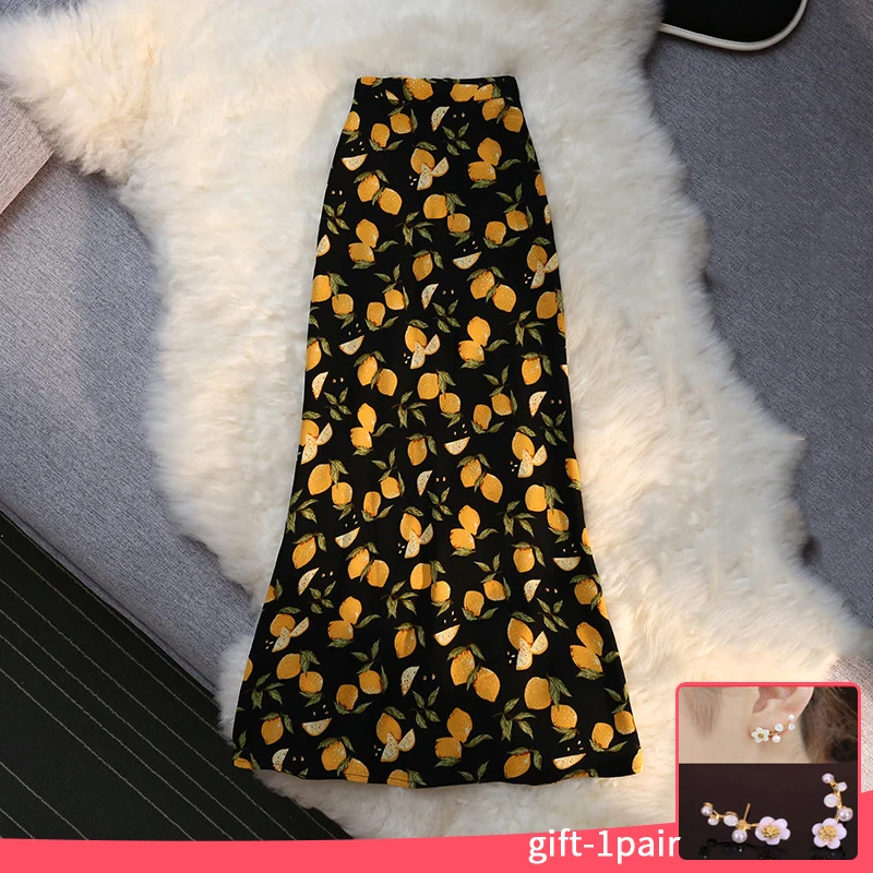 

Vintage Floral Print Mid Calf Long Skirts for Women Ladies Elastic High Waist 2022 Spring Summer Fashion Casual Midi Skirt