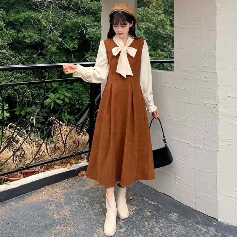 Женское зимнее милое платье-трапеция с длинным рукавом и бантом | Женская одежда