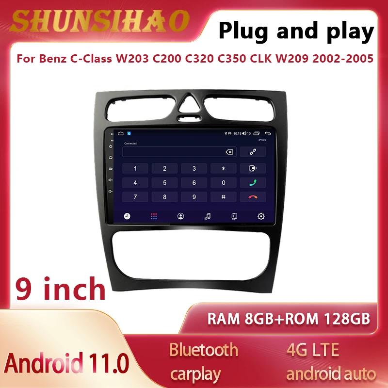 

Car Radio Multimedia GPS For 9 inch Benz C-Class W203 C200 C320 C350 CLK W209 2002-2009 CarPlay Video player Android 11 DSP 128G