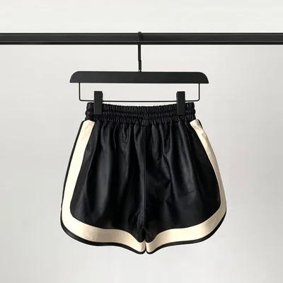 2023 Women New Genuine Sheep Leather Shorts Elastic Waist Drawsting Real Sheepskin Leather Shorts C1