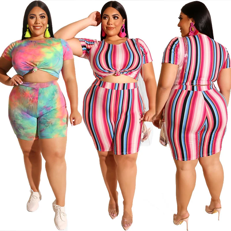 Plus Size Oversized Shorts Set for Women 5xl 4xl Outfits Striped Two Piece Sets Conjunto Feminino 2 Piece Set 3xl 4xl 5xl 6xl