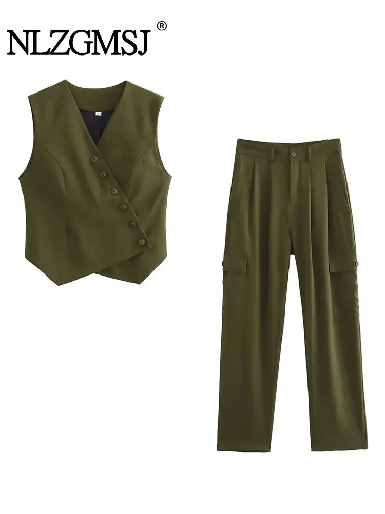 

Nlzgmsj TRAF 2023 Women 2 Pieces Sets Single Breasted Blazer Vest Tops + High Waist Long Pant Suit Autumn Slim Sets