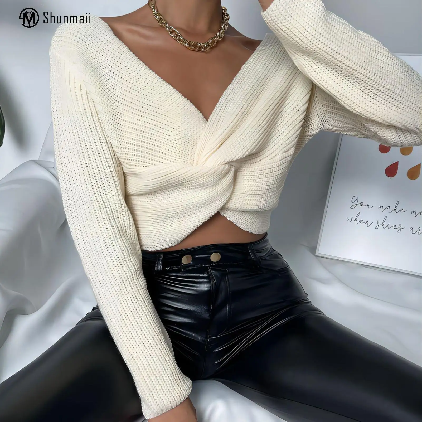 

Women Elegant Crop Sweater V Neck Ladies Crochet Pullovers Top Navel Exposed Long Sleeve Sexy Style Loose Fit Vacation Outfit