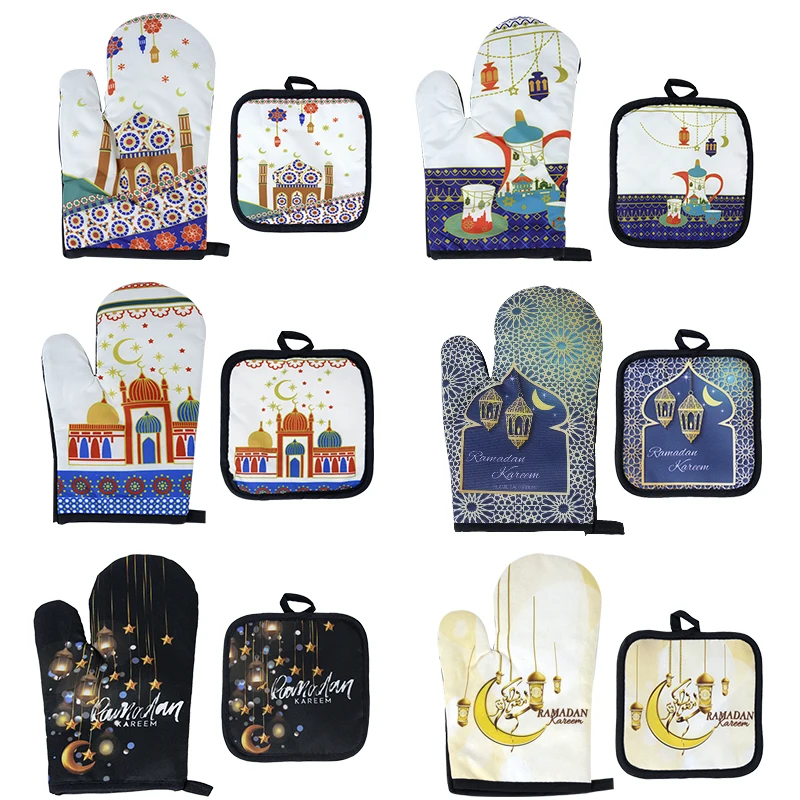

2Pcs Eid Mubarak Oven Anti-Hot Gloves Muslim Ramadan Kitchen Baking Accessories For Home Islamic Muslim Party Decoration Gifts