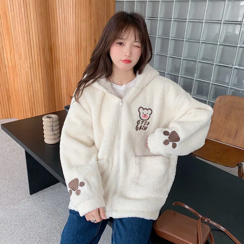 

MINGLIUSILI Kawaii Hoodie for Women Korean Fashion Bear Print 2022 Autumn and Winter New Cold Protection Loose All-match Hoodie