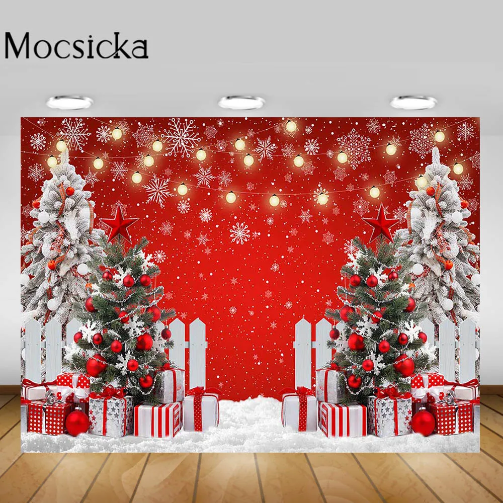 

Mocsicka Red Wall Snowfield Christmas Tree Bell Gifts Photo Background Xmas Newborn Portrait Photography Studio Photoshoot Props