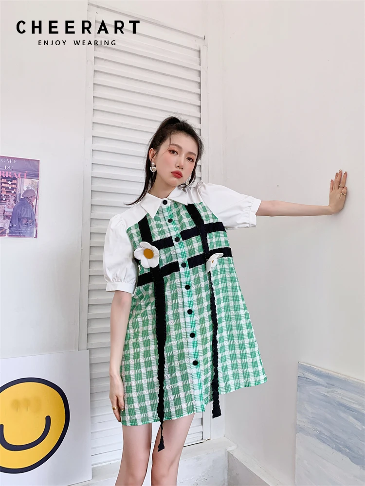 

CHEERART, клетчатое цветочное нашивка, корейское модное платье-рубашка для женщин 2022, зеленое лоскутное мини-платье с пышными рукавами и лентой ...