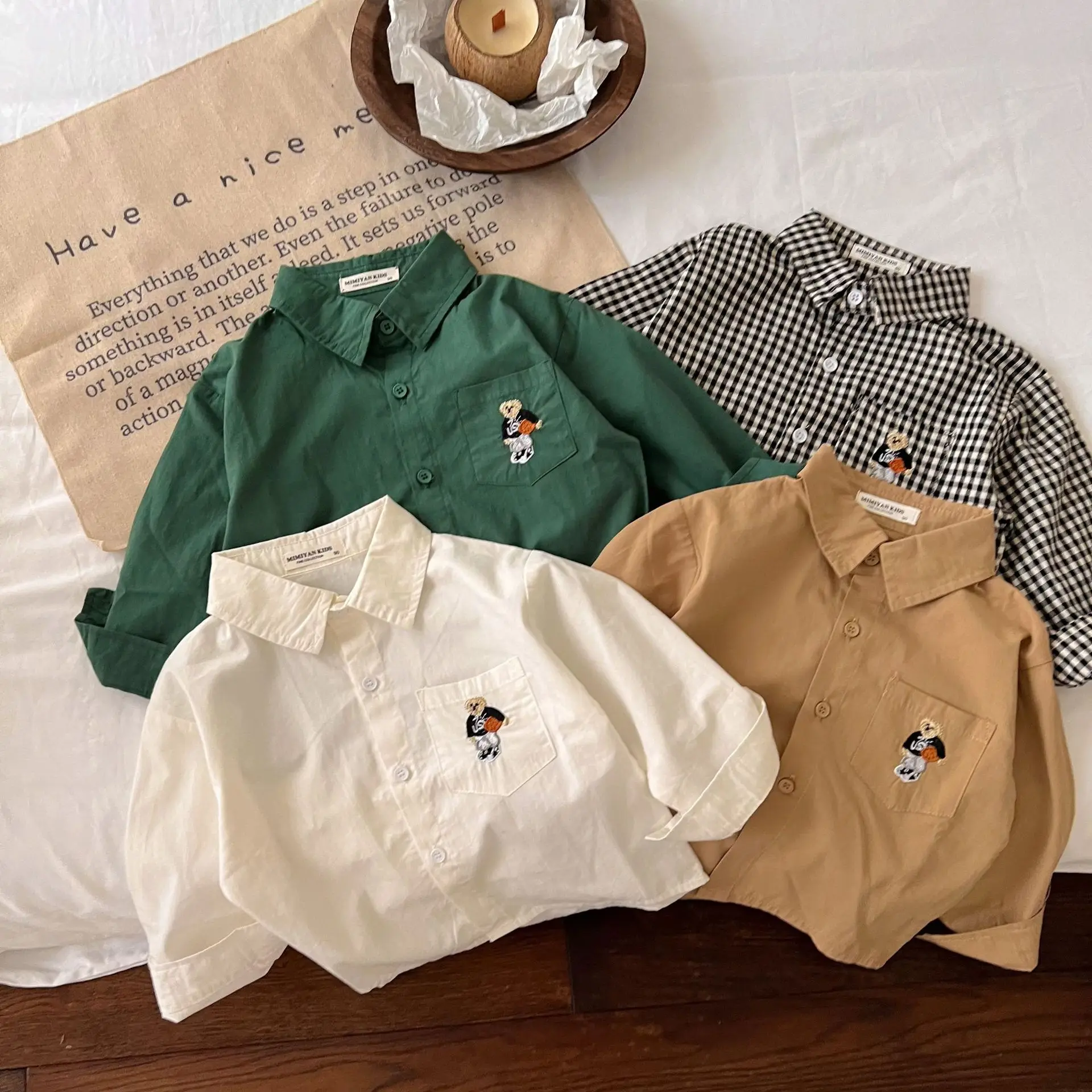 

Korean Bear Shirt Baby Embroidery Grid Top Toddler Children's Clothes Autumn Boys Girls Camisa Blouse Clothes Infantil Menina