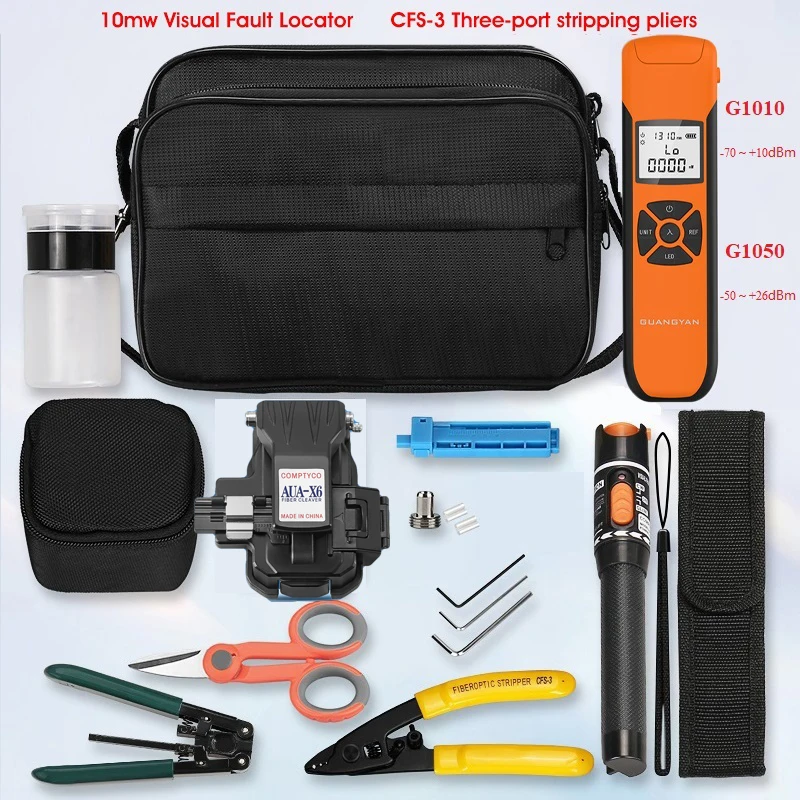 FTTH Fiber Optic Tool Kit with AUA-X6 Fiber Cleaver -70~+10dBm/-50~+26dBm G10 Optical Power Meter 10mw Visual Fault Locator