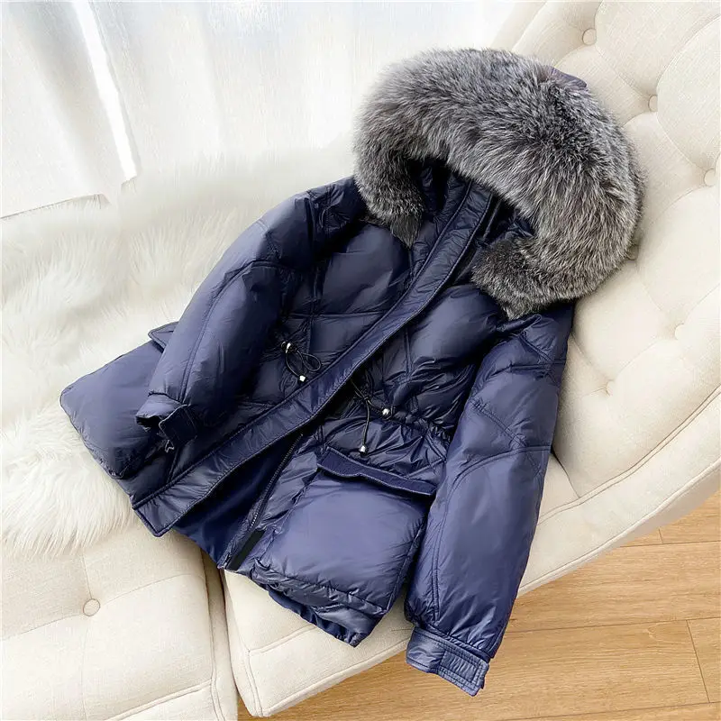 

Женский короткий пуховик с капюшоном, Повседневная теплая куртка на белом утином пуху с длинным рукавом, из 2023 натурального Лисьего меха, D145, для зимы