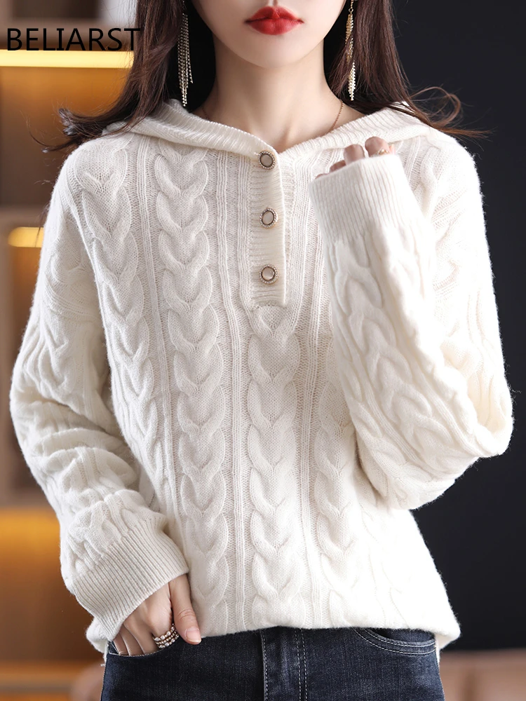 100% Merino Wool Sweater Women Hood Collar Pullover Loose Fashion Knit Top Autumn/Winter Casual Twisted Flower Thickened Sweater
