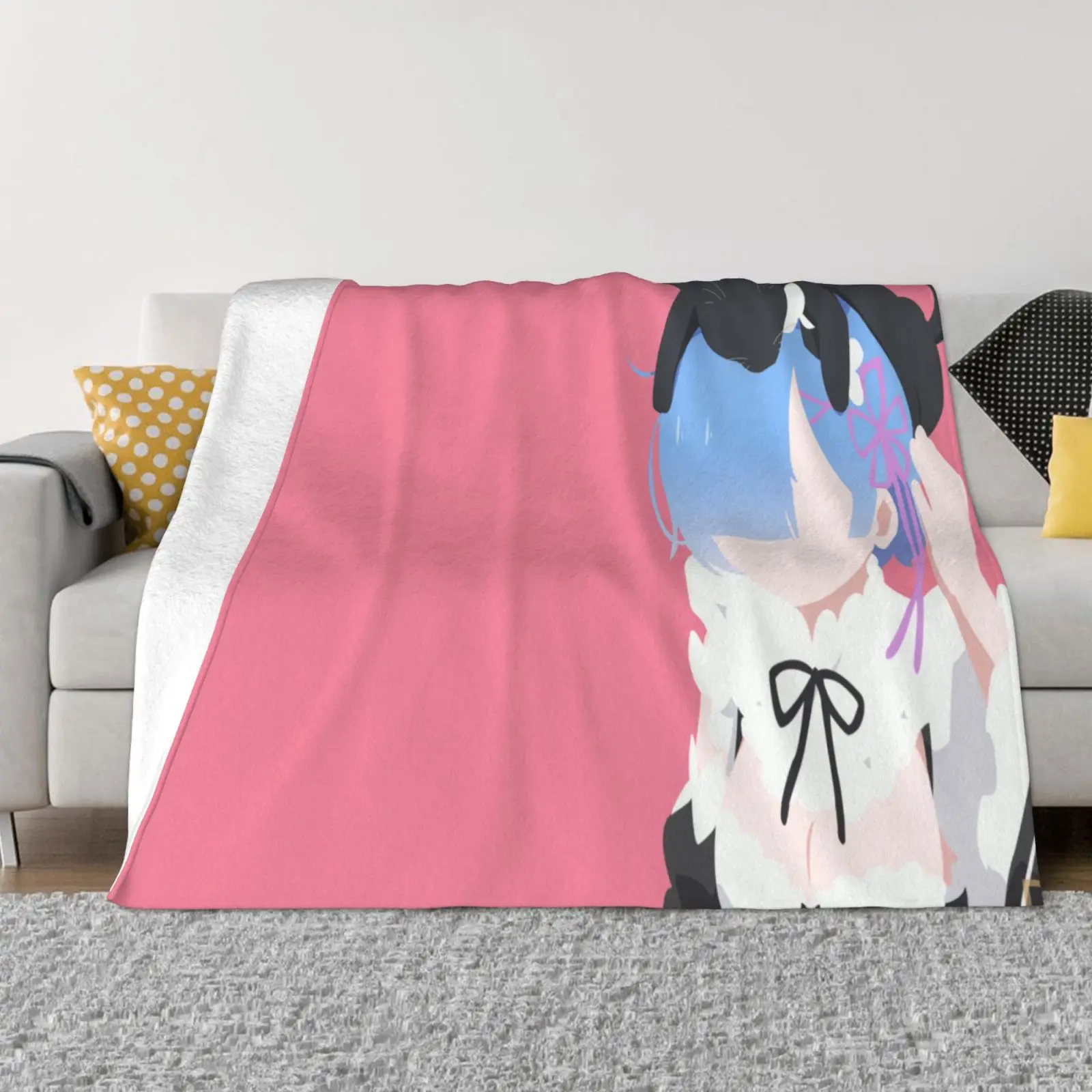 

Remm Anime Cartoon Pink Picnic Blanket Flannel Couch Lightweight Machine Washable Blankets for Beds Single Side Printed 80x60