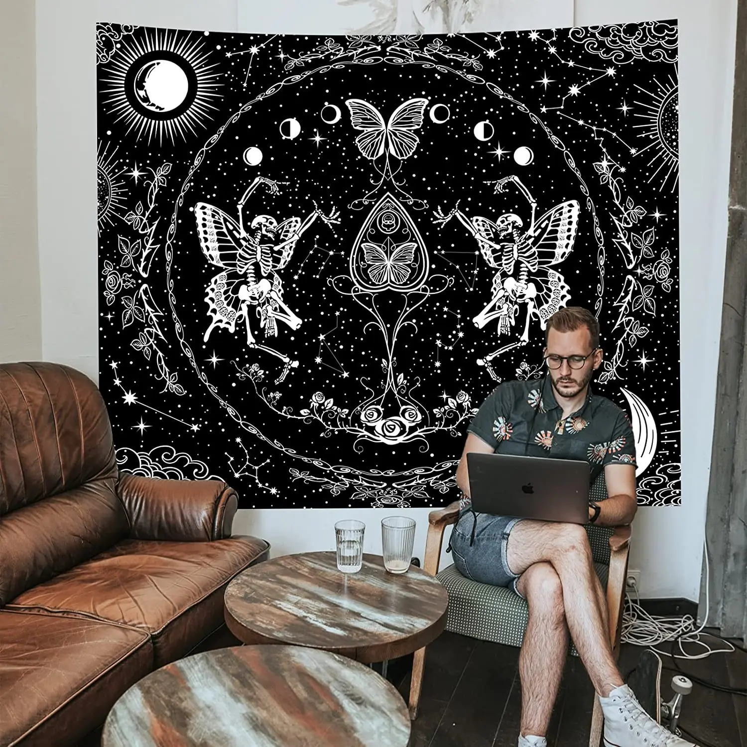 Skull Tapestry Black and White Tapestry Skeleton Lover Wall Hanging Butterfly Aesthetics Gothic Tapestry  Bedroom Living Room