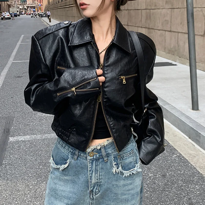 Women Fashion Leather Biker Jacket Full Sleeve Turn Down Collar Zipper Motocycle Genuine Leather TF5287