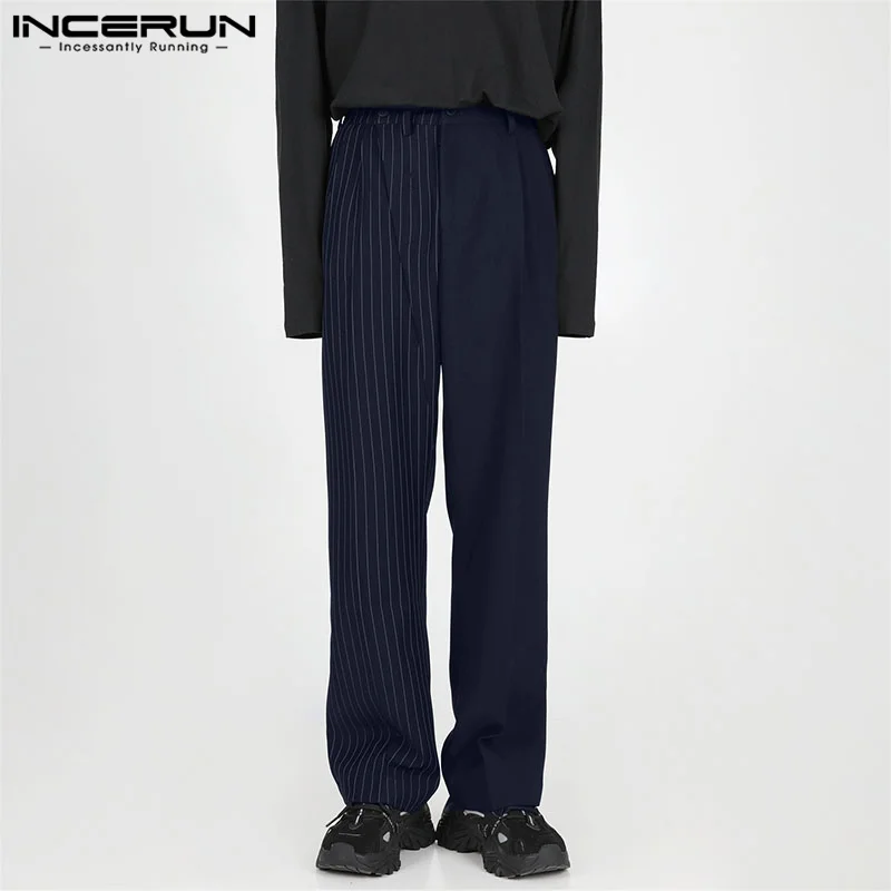 

INCERUN 2023 Korean Style New Men's Pantalons Straight Tube Striped Patchwork Long Pants Casual Streetwear Solid Color Trousers