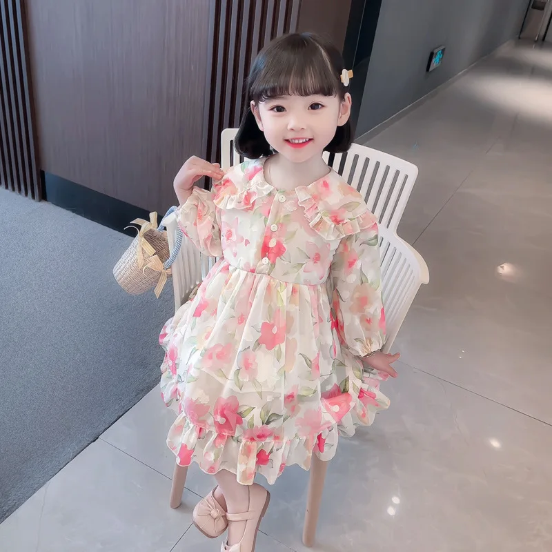 

Корейская версия шифонового платья с большими цветами для девочек, Весенняя и средняя детская сказочная юбка, маленькая свежая юбка с цвета...
