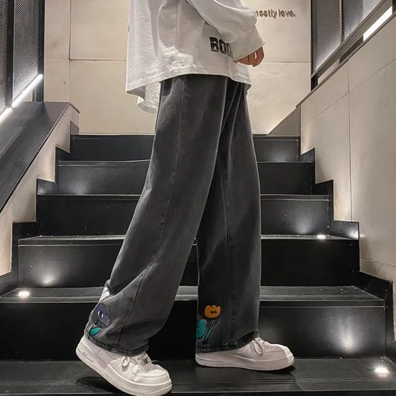 Men Clothing 2022 New Loose Comfortable Smoky Grey Jeans Temperament Versatile Straight Cylinder Wide Leg Trousers Autumn Female