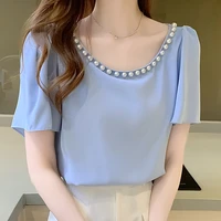 fashion pearl blouse women 2022 summer sweet o neck chiffon tops for women short sleeve shirts female pullover camisas de mujer