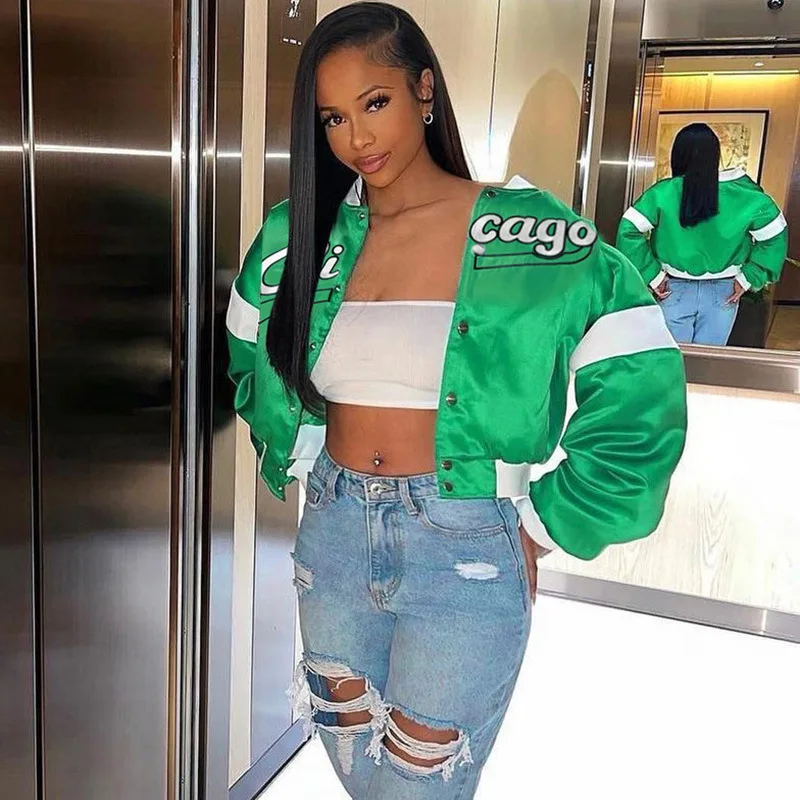 

2022Letter Embroidery Contrast Color Baseball Uniform Jacket Women's Street Hipster Round Neck Long-Sleeved Top Women's Clothing