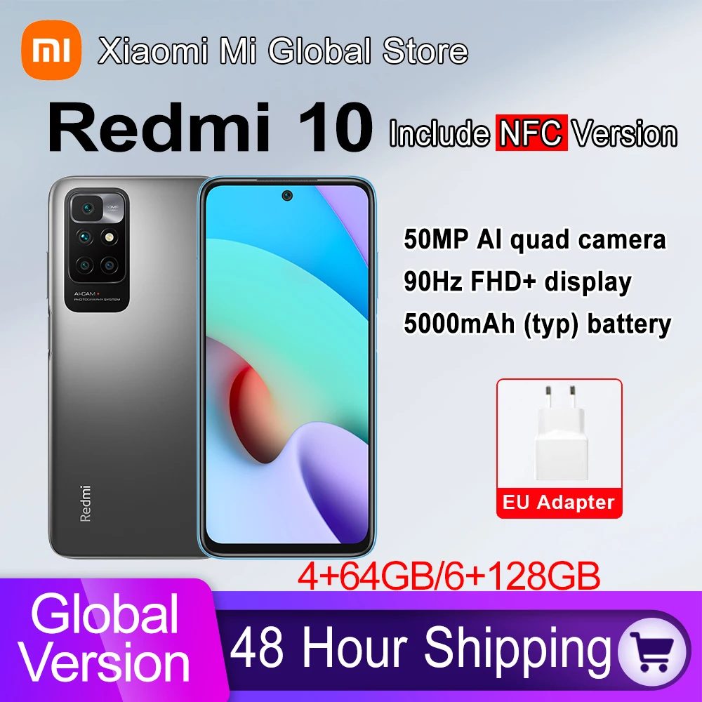2022 Global Version Xiaomi Redmi 10 Smartphone 4GB RAM 64GB ROM MediaTek Helio G88 Octa Core 50MP quad camera 90Hz FHD Display